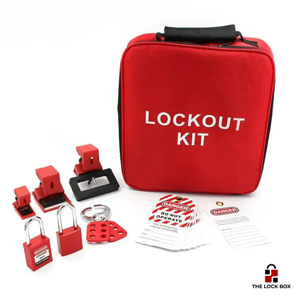 Lockout/Tagout-Set für elektrische Anlagen, 2 Vorhängeschlösser und 3 Aufklemm-Verriegelungen